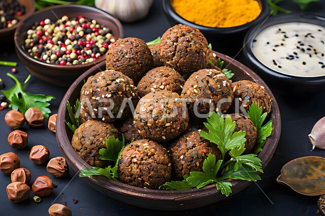 Traditional Arab restaurants in the Kingdom of Saudi Arabia, restaurants with oriental Arabic food, delicious meals, a delicious breakfast dish, a plate of falafel discs with fresh vegetables