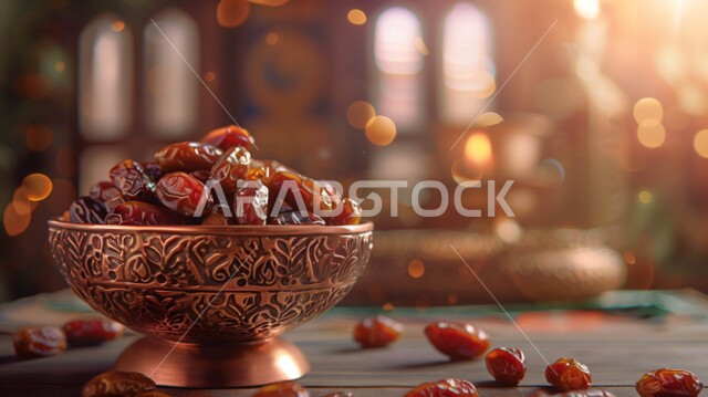 وجبة ذات قيمة غذائية عالية، ضيافة رمضانية لذيذة، رطب من نخيل المملكة العربية السعودية، محاصيل ومنتجات زراعية محلية وطنية سعودية، طبق نحاسي مزخرف مليء بالتمر السكري الصحي الطازج