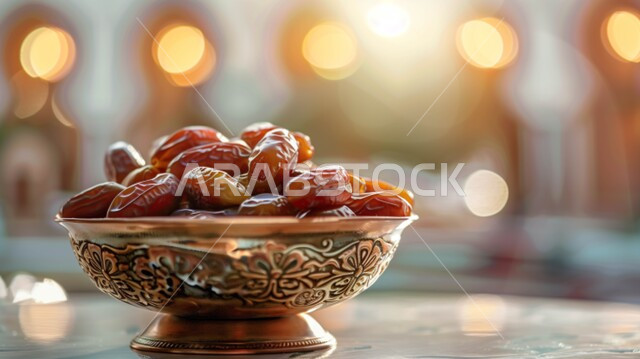 رطب من نخيل المملكة العربية السعودية، محاصيل ومنتجات زراعية محلية وطنية سعودية، طبق نحاسي مزخرف مليء بالتمر السكري الصحي الطازج، وجبة ذات قيمة غذائية عالية، ضيافة رمضانية لذيذة