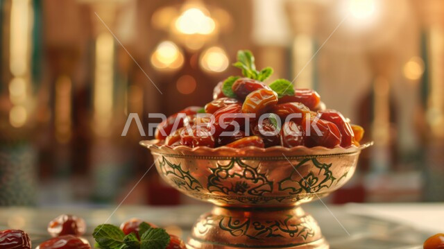 محاصيل ومنتجات زراعية محلية وطنية سعودية، طبق نحاسي مزخرف مليء بالتمر السكري الصحي الطازج، وجبة ذات قيمة غذائية عالية، ضيافة رمضانية لذيذة، رطب من نخيل المملكة العربية السعودية