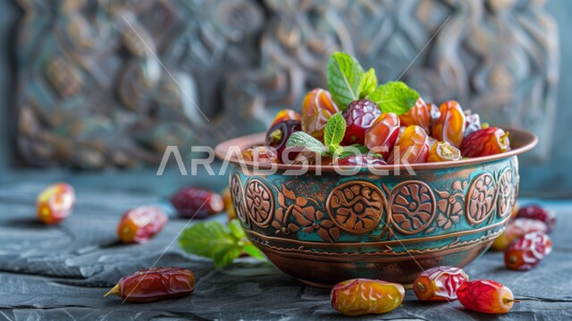 طبق نحاسي مزخرف مليء بالتمر السكري الصحي الطازج، وجبة ذات قيمة غذائية عالية، ضيافة رمضانية لذيذة، رطب من نخيل المملكة العربية السعودية، محاصيل ومنتجات زراعية محلية وطنية سعودية