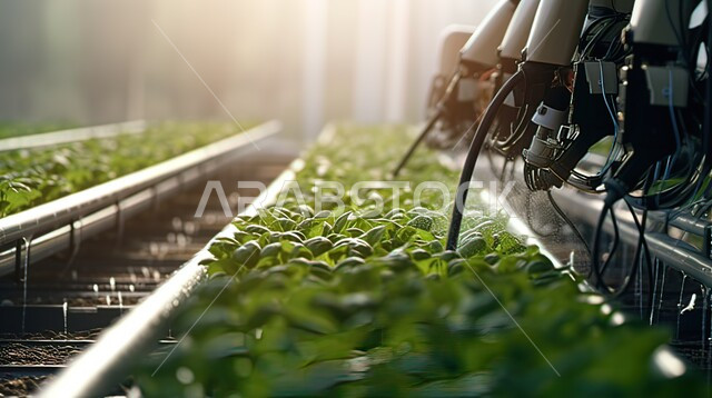 براعم الخردل ضمن أحواض زراعية في معمل، نظام الري الحديث، العمل على زيادة انتاج الخضراوات، تعزيز وتطوير الأمن الغذائي في المملكة اعربية السعودية