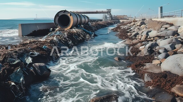 خط أنابيب مياه مهجور على شاطئ البحر، مفهوم التلوث البيئي، تحويل مياه الصرف الصحي إلى البحار، الواجهة البحرية في المملكة العربية السعودية