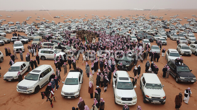الانشطة الشعبية التراثية في صحاري السعودية، مسيرات الجمال في السباقات العربية الاصيلة، تطوير وتوفير البيئة المناسبة لسباق الهجن، حشود الجمهور وازدحام السيارات في مهرجان الملك عبد العزيز لمتابعة تحركات الابل اثناء السباق