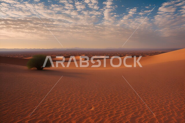 الرمال الذهبية الناعمة، النباتات البرية والشوكيات، التلال والكثبان الرملية في الصحاري، منظر الغيوم البيضاء في السماء، المناظر الطبيعية المتميزة، المناطق الصحراوية في المملكة العربية السعودية