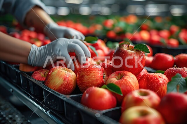 فاكهة التفاح الاحمر في صندوق بلاستيكي، صورة مقربة لأيدي العمال يرتدون القفازات يقومون بفرز الفواكه داخل المصنع، الفواكه الطازجة اللذيذة، حمية غذائية مفيدة، وجبات صحية ذات قيمة عالية