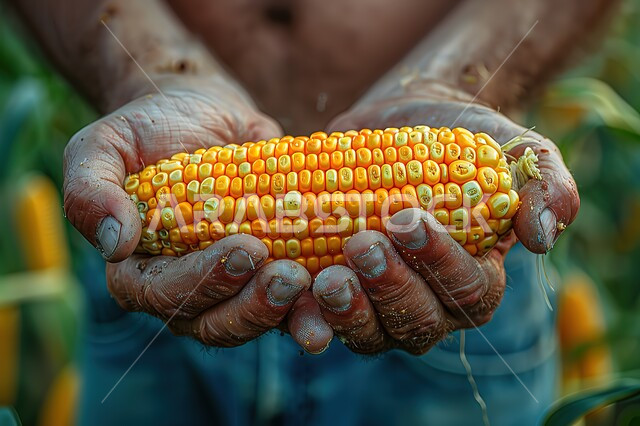 Corn harvest season, a close-up of the hands of a Gulf Arab farmer ...