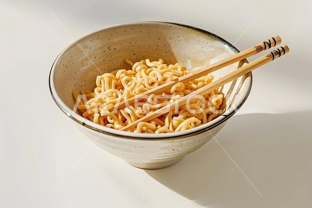 استخدام العيدان الخشبية في تناول الطعام، وجبة من الباستا الشهية، طبق من معكرونة السباغيتي السادة, أطباق ووجبات آسيوية شرقية، صحن من النودلز اللذيذة، خلفية بيضاء