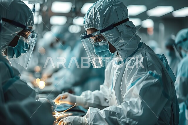 Surgical operations department, the concept of care and care for patients, a close-up photo of a medical team performing a surgical operation inside a modern operating room, wearing a protective mask, advanced hospitals and health centers