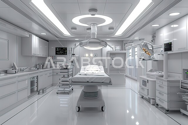 A room equipped with modern medical tools and devices, a modern medical room for examining and diagnosing patients in the hospital, an electronic medical electric bed for the patient, a surgical operations department, the use of technology and technology in treatment and modern medicine, advanced clinics and health centers.