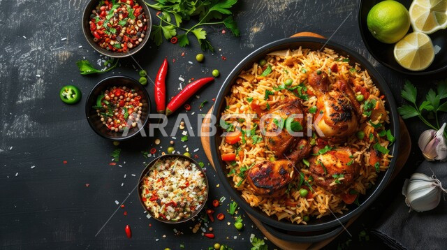 الأساليب الفنية في تقديم الطعام، طبق من أرز الكبسة مع الدجاج المحمر والتوابل المزين بالبقدونس والخضراوات، مطاعم للمأكولات الشرقية الشهية، أطباق ووجبات عربية تقليدية