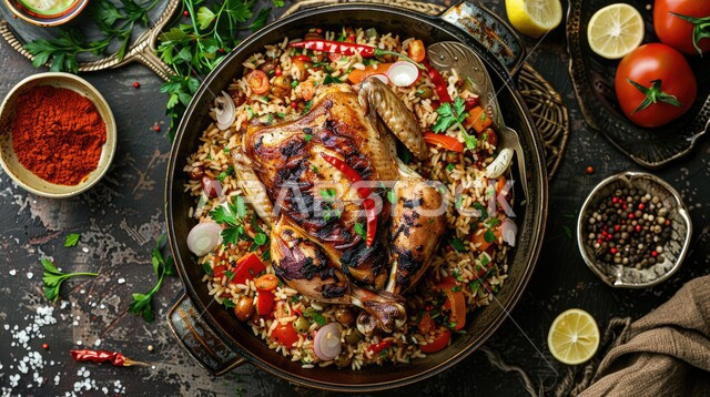 طبق من أرز الكبسة مع الدجاج المحمر والتوابل المزين بالبقدونس والخضراوات على طاولة تقديم، مطاعم للمأكولات الشرقية الشهية، أطباق ووجبات عربية تقليدية، الأساليب الفنية في تقديم الطعام