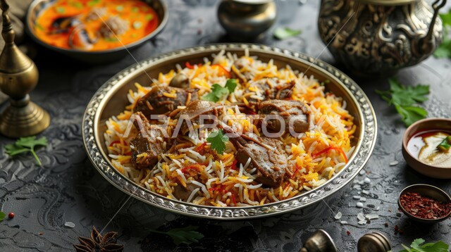 Artistic methods of serving food, traditional Arab meals and dishes, recipes from Saudi Arabian cuisine, a dish of kabsa rice with fried chicken and spices.