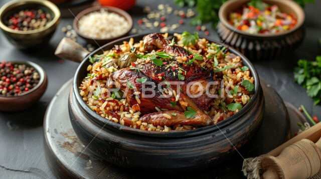 وصفات من المطبخ العربي السعودي، طبق من أرز الكبسة مع الدجاج المحمر والتوابل المزين بالبقدونس والخضراوات على طاولة تقديم، مطاعم للمأكولات الشرقية الشهية، الأساليب الفنية في تقديم الطعام