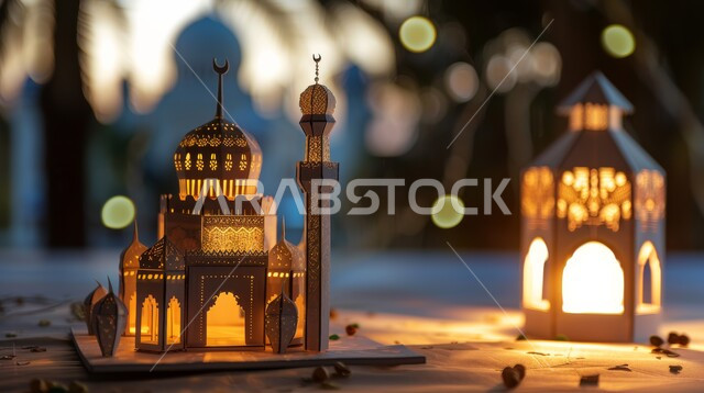 Decorations and decorations for holidays and religious occasions, a spiritual Ramadan atmosphere, a three-dimensional model of a lantern in the shape of a mosque in the Islamic style, religious Islamic designs, worship and getting closer to God in the blessed month of Ramadan.