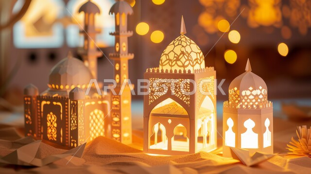 A three-dimensional model of a lantern in the shape of a mosque in the Islamic style, Islamic religious designs, worship and getting closer to God in the holy month of Ramadan, decorations and decorations for holidays and religious occasions, a spiritual Ramadan atmosphere.