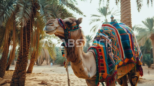 حيوانات التنقل والسفر في القدم، حيوان الجمل يقف وسط محمية برية طبيعية في المملكة العربية السعودية، مفهوم رعاية المواشي والثدييات، المناظر الطبيعية في الصحاري، الاهتمام في تربية الجمال والإبل