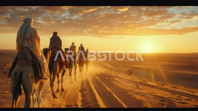 استخدام الحيوانات في التنقل في صحارى المملكة العربية السعودية، قافلة من الإبل تسير فوق الكثبان الرملية في الصحراء تحمل على ظهرها مجموعة من الرجال، المناظر الطبيعية والرمال الذهبية الناعمة اثناء غروب الشمس، أماكن سياحية صحراوية