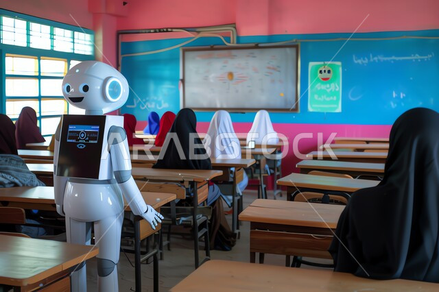 Technical progress and development in the scientific field, a human robot standing in a classroom in one of the Saudi Arabian Gulf schools, the development of artificial intelligence technologies and cooperation between them and humans, a Saudi technological future vision 2030, the concept of digital transformation