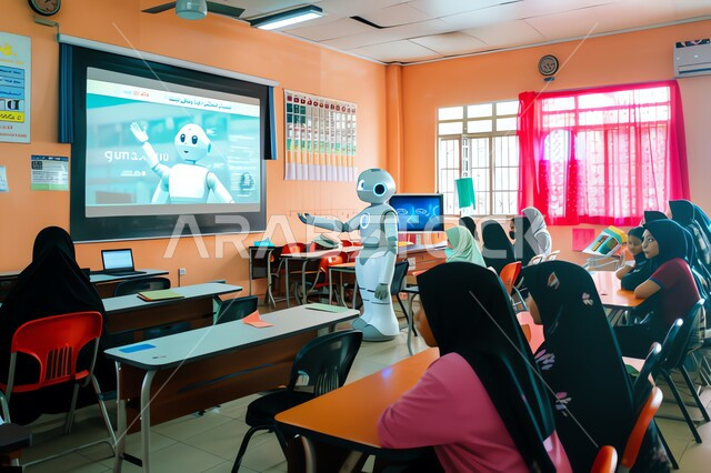 The concept of digital transformation, technical progress and development in the scientific field, a human robot standing in a classroom in one of the Saudi Arabian Gulf schools, the development of artificial intelligence techniques and cooperation between them and humans, a Saudi technological future vision 2030