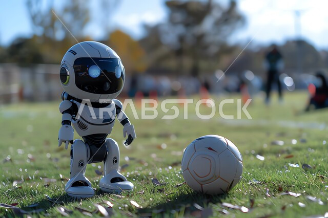 روبوت بشري يقف على العشب الأخضر، اللعب بكرة القدم في احد الملاعب العربية الخليجية السعودية، تطوير تقنيات الذكاء الاصطناعي والتعاون بينها وبين البشر، رؤية مستقبلية تكنولوجية سعودية 2030، مفهوم التحول الرقمي، التقدم والتطور التقني في المجال الرياضي