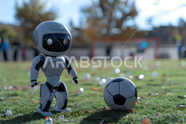 Playing football in one of the Saudi Arabian Gulf stadiums, developing artificial intelligence techniques and cooperation between them and humans, a Saudi technological future vision 2030, the concept of digital transformation, progress and technical development in the sports field, a human robot standing on the green grass