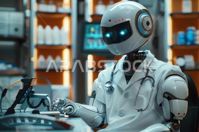 التقدم والتطور التقني في المجال الطبي والصحي، روبوت يرتدي المعطف الابيض وسماعات نبضات القلب في احد المراكز الطبية في المملكة العربية السعودية، تطوير تقنيات الذكاء الاصطناعي والتعاون بينها وبين البشر، رؤية مستقبلية تكنولوجية سعودية 2030، مفهوم التحول الرقمي