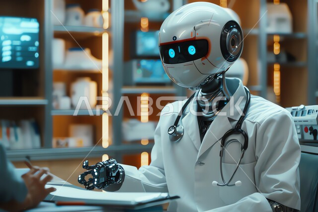 A Saudi technological future vision 2030, the concept of digital transformation, technical progress and development in the medical and health field, a robot wearing a white coat and heartbeat headphones in one of the medical centers in the Kingdom of Saudi Arabia, developing artificial intelligence techniques and cooperation between them and humans.