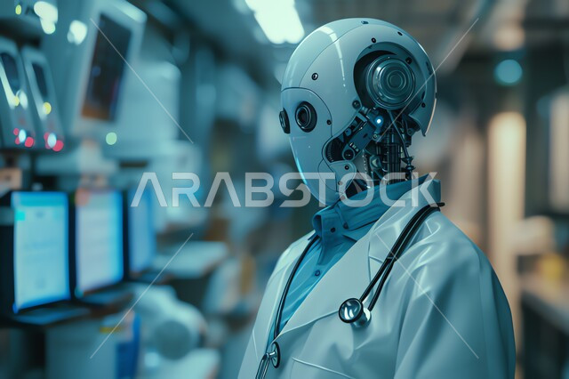 رؤية مستقبلية تكنولوجية سعودية 2030، مفهوم التحول الرقمي، التقدم والتطور التقني في المجال الطبي والصحي، روبوت يرتدي المعطف الابيض وسماعات نبضات القلب في احد المراكز الطبية في المملكة العربية السعودية، تطوير تقنيات الذكاء الاصطناعي والتعاون بينها وبين البشر