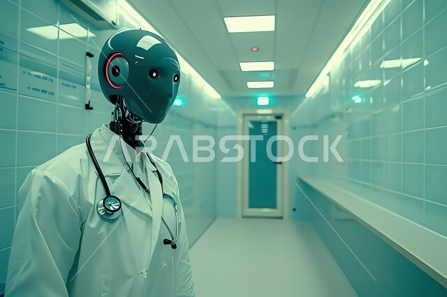 Developing artificial intelligence technologies and cooperation between them and humans, a Saudi technological future vision 2030, the concept of digital transformation, technical progress and development in the medical and health field, a robot wearing a white coat and heartbeat headphones in one of the medical centers in the Kingdom of Saudi Arabia