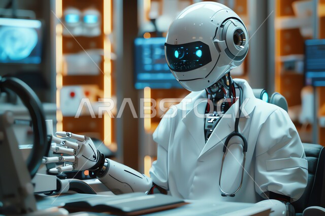 التقدم والتطور التقني في المجال الطبي والصحي، روبوت يرتدي المعطف الابيض وسماعات نبضات القلب في احد المراكز الطبية في المملكة العربية السعودية، تطوير تقنيات الذكاء الاصطناعي والتعاون بينها وبين البشر، رؤية مستقبلية تكنولوجية سعودية 2030، مفهوم التحول الرقمي