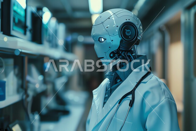 تطوير تقنيات الذكاء الاصطناعي والتعاون بينها وبين البشر، رؤية مستقبلية تكنولوجية سعودية 2030، مفهوم التحول الرقمي، التقدم والتطور التقني في المجال الطبي والصحي، روبوت يرتدي المعطف الابيض وسماعات نبضات القلب في احد المراكز الطبية في المملكة العربية السعودية