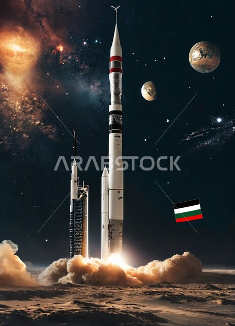 رحلات فضائية استكشافية، خلفية هولوجرامية ثلاثية الابعاد للكواكب والمجرات, رحلة الإمارات نحو العالم الخارجي, مركبة فضائية تنطلق من سطح القمر