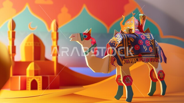 الكثبان الرملية في المناطق الصحراوية، رسم ثلاثي الابعاد لحيوان الابل يسير في الصحراء بالمملكة العربية السعودية، مسجد اسلامي وسط الصحاري، الرمال الذهبية الناعمة، استخدام الجمال للتنقل والترحال