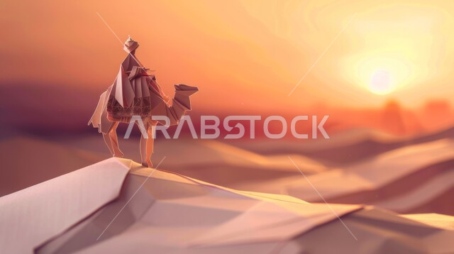 الكثبان الرملية في المناطق الصحراوية، رسم ثلاثي الابعاد لرجل يمتطي الابل يسير في الصحراء بالمملكة العربية السعودية، الرمال الذهبية الناعمة، استخدام الجمال للتنقل والترحال