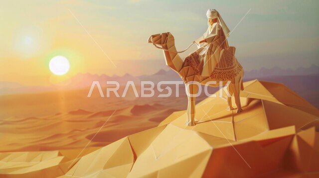 الكثبان الرملية في المناطق الصحراوية، رسم ثلاثي الابعاد لرجل يمتطي الابل يسير في الصحراء بالمملكة العربية السعودية، الرمال الذهبية الناعمة، استخدام الجمال للتنقل والترحال