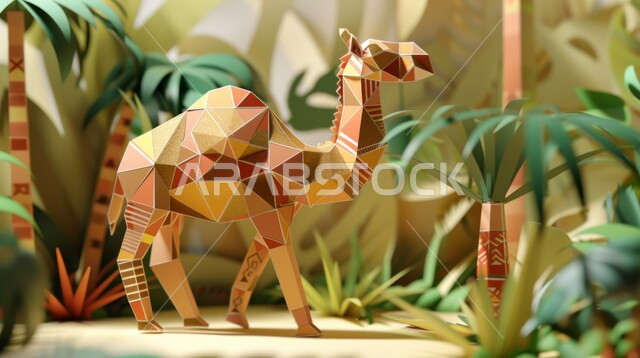 واحة أشجار النخيل في المناطق الصحراوية، رسم ثلاثي الابعاد لحيوان الابل يسير في الصحراء بالمملكة العربية السعودية، الرمال الذهبية الناعمة، محميات طبيعية برية للعناية بالجمال