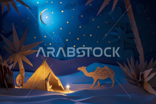كشتة بر وتخييم في المناطق الصحراوية، رسوم توضيحية لحيوان الابل يسير في الصحراء بالمملكة العربية السعودية، السماء المليئة بالنجوم المضيئة في شهر رمضان المبارك، الرمال الذهبية الناعمة، محميات طبيعية برية للعناية بالجمال
