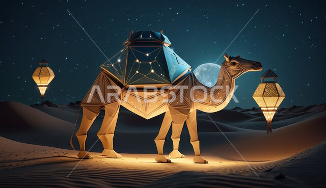 حيوان الابل يسير في الصحراء بالمملكة العربية السعودية، السماء المليئة بالنجوم المضيئة في شهر رمضان المبارك، الرمال الذهبية الناعمة، محميات طبيعية برية للعناية بالجمال، الكثبان الرملية في المناطق الصحراوية