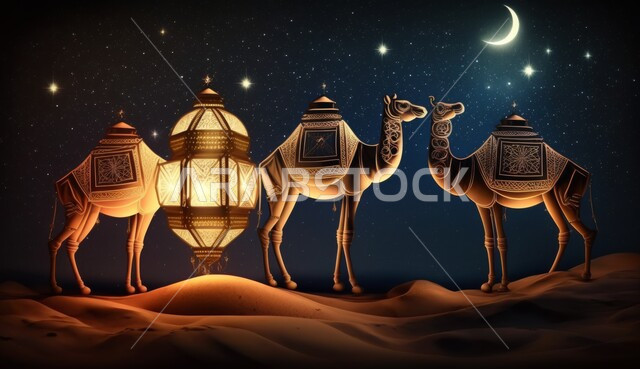 السماء المليئة بالنجوم المضيئة في شهر رمضان المبارك، الرمال الذهبية الناعمة، محميات طبيعية برية للعناية بالجمال، قافلة من الابل تسير في الصحراء بالمملكة العربية السعودية، المناظر الطبيعية في المناطق الصحراوية