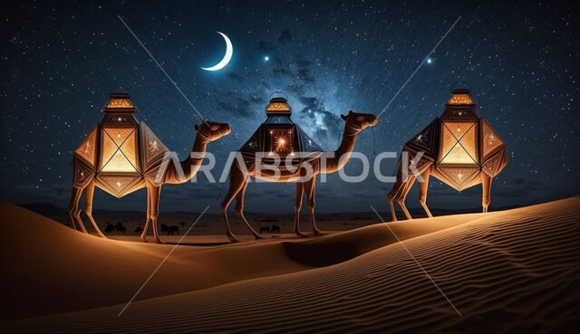 السماء المليئة بالنجوم المضيئة في شهر رمضان المبارك، الرمال الذهبية الناعمة، محميات طبيعية برية للعناية بالجمال، قافلة من الابل تسير في الصحراء بالمملكة العربية السعودية، المناظر الطبيعية في المناطق الصحراوية