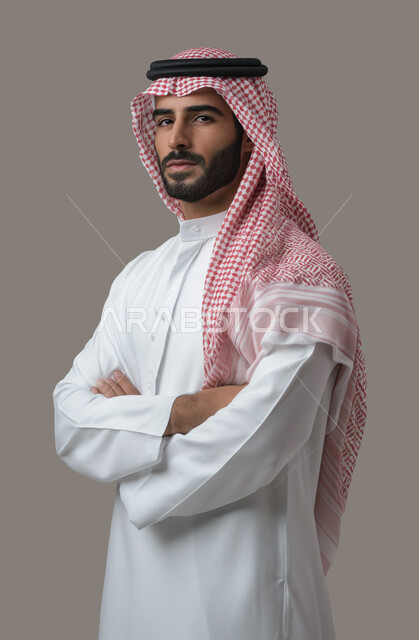Expressions of masculinity and strength, looking at the camera with gestures of self-confidence, portrait of a Saudi Gulf Arab man wearing the traditional white thobe and shemagh, standing with crossed hands, attention to external appearance, Saudi Arabian fashion and clothing, gray background