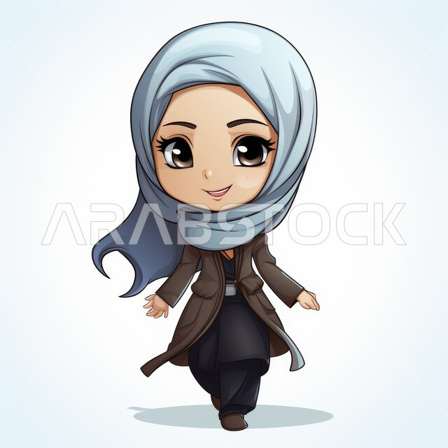 أزياء محجبات عصرية راقية، مفهوم النعومة والأنوثة، الاهتمام بالأناقة والمظهر الخارجي، شخصية كرتونية لفتاة عربيه خليجية سعودية محجبة مبتسمة ترتدي الزي الاسلامي والحجاب تنظر إلى الكاميرا بإيماءات السرور، خلفية بيضاء