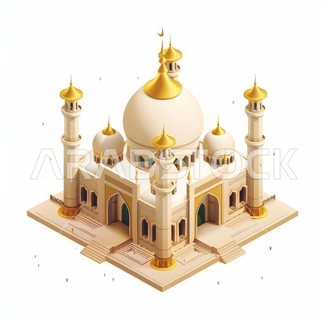 مجسم ثلاثي الأبعاد لمسجد ومآذن بتصاميم وديكورات اسلامية فاخرة، خلفيات دينية رمضانية، تصميم ثلاثية الأبعاد لجامع على الطراز الاسلامي، الاحتفال بقدوم شهر الخير، خلفية بيضاء