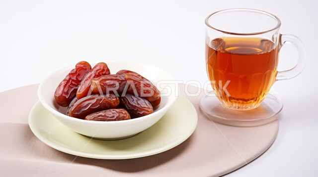 كوب زجاجي من الشاي الساخن مع صحن من التمر العربي، تقديم المشروبات الساخنة، مفهوم الكرم وحسن الضيافة، طبق من التمور الطازجة، جودة منتجات وطنية محلية سعودية، خلفية بيضاء