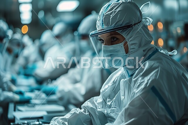 قسم العمليات الجراحيه، مفهوم الرعاية والعناية بالمرضى، صورة مقربة لفريق طبي يجري عملية جراحية داخل غرفة عمليات حديثة، ارتداء القناع الواقي، مشافي ومراكز صحيه متطوره