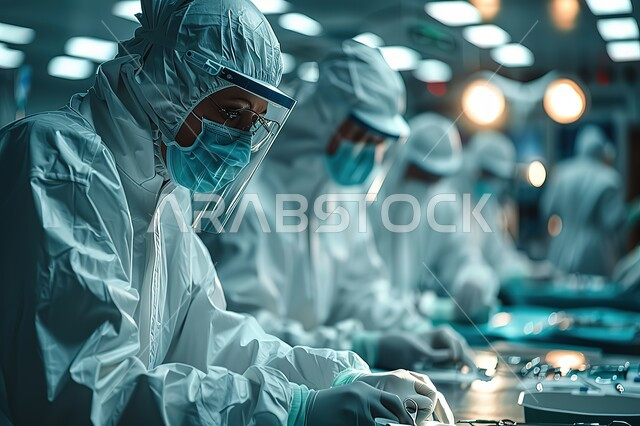 قسم العمليات الجراحيه، مفهوم الرعاية والعناية بالمرضى، صورة مقربة لفريق طبي يجري عملية جراحية داخل غرفة عمليات حديثة، ارتداء القناع الواقي، مشافي ومراكز صحيه متطوره