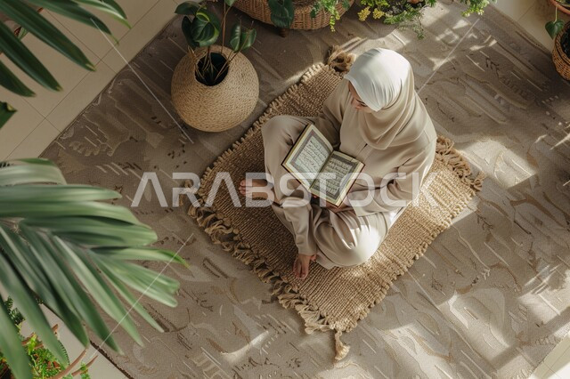 الإجتهاد في العباده و الإكثار من ذكر الله تعالى، تلاوة وقراءة القرآن الكريم، مفهوم الطمأنينه والخشوع، صورة من الاعلى لإمرأة عربية سعودية خليجية ترتدي الحجاب والعباءة تجلس على سجادة الصلاة تحمل بيدها المصحف الشريف، التقرب الى الله في شهر رمضان