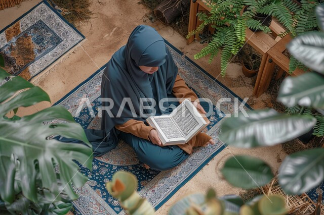 مفهوم الطمأنينه والخشوع، تلاوة وقراءة القرآن الكريم، صورة من الاعلى لإمرأة عربية سعودية خليجية ترتدي الحجاب والعباءة تجلس على سجادة الصلاة تحمل بيدها المصحف الشريف، الإكثار من ذكر الله تعالى والإجتهاد في العباده، التقرب الى الله في شهر رمضان