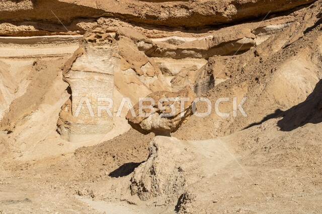 Rock formations and formations on the Judah Mountains in the city of Al-Ahsa, mountain highlands and plateaus in the desert, distinct landscapes in the deserts of the Kingdom of Saudi Arabia